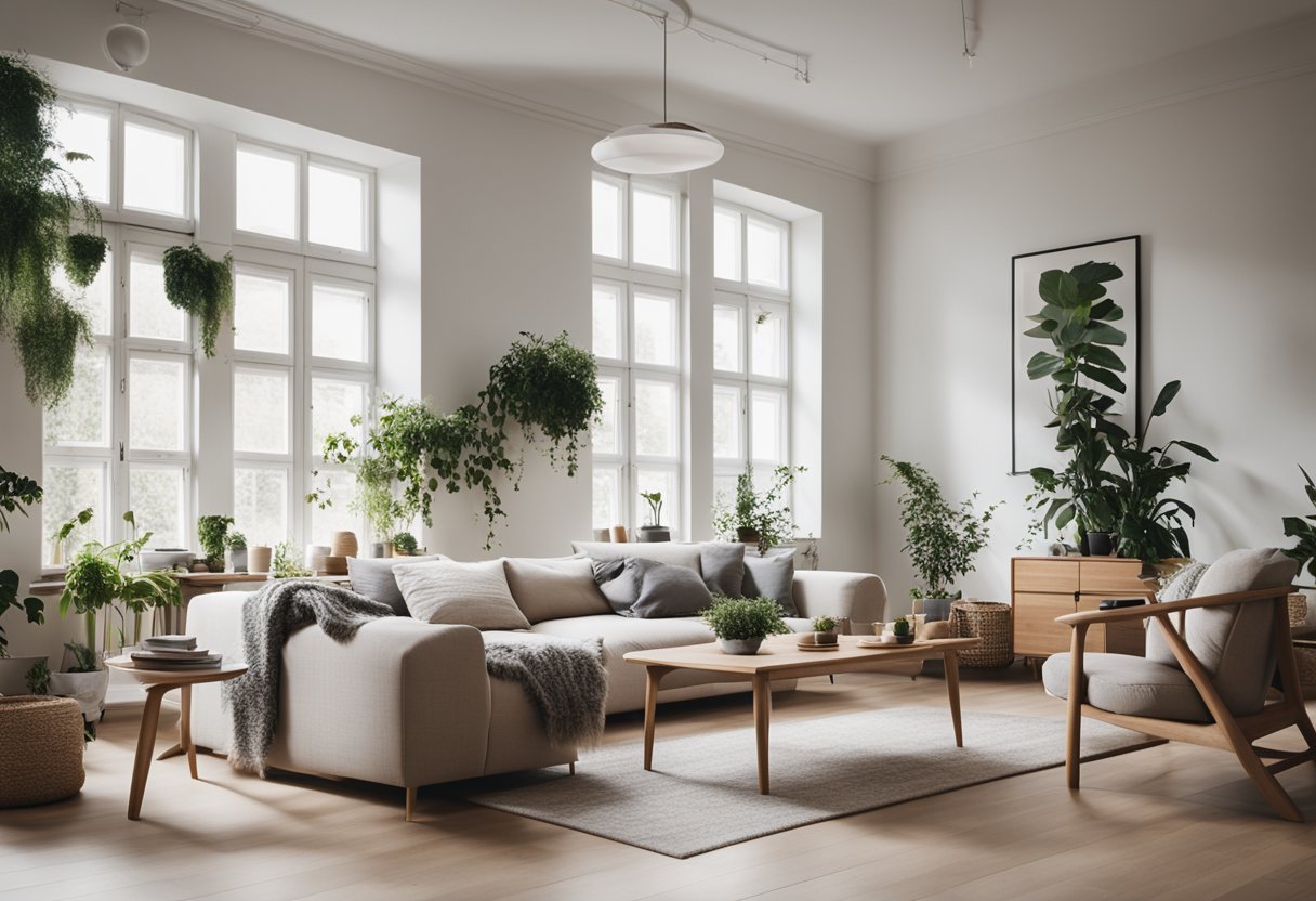 A cozy scandinavian living room with minimalist furniture, natural materials, and neutral colors. Large windows let in plenty of natural light, and there are plants scattered around the room