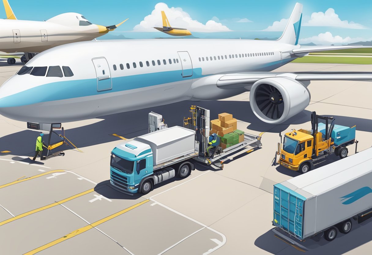 A baggage handler loads cargo onto a plane while a fuel truck refuels the aircraft on the tarmac. Airport staff guide planes to parking spots