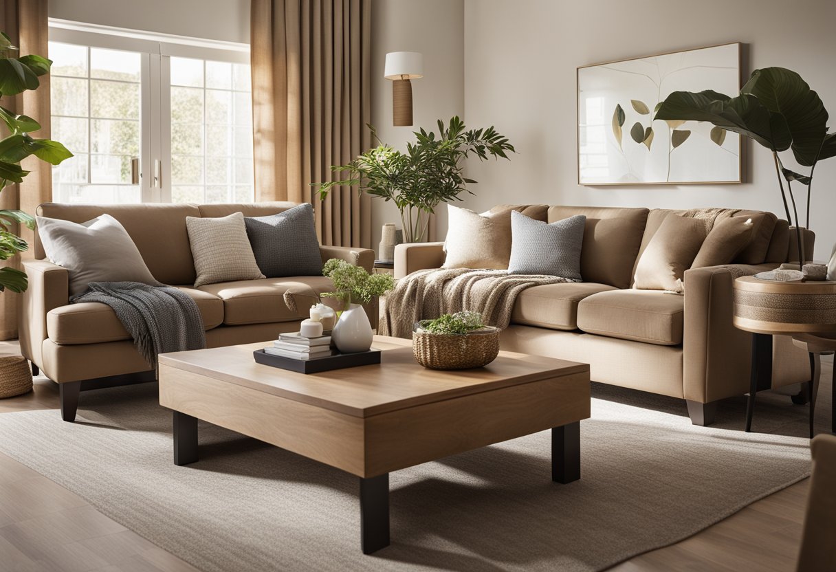 A spacious living room with modern furniture, warm earth tones, and ample natural light. Comfortable seating and functional layout create an inviting space