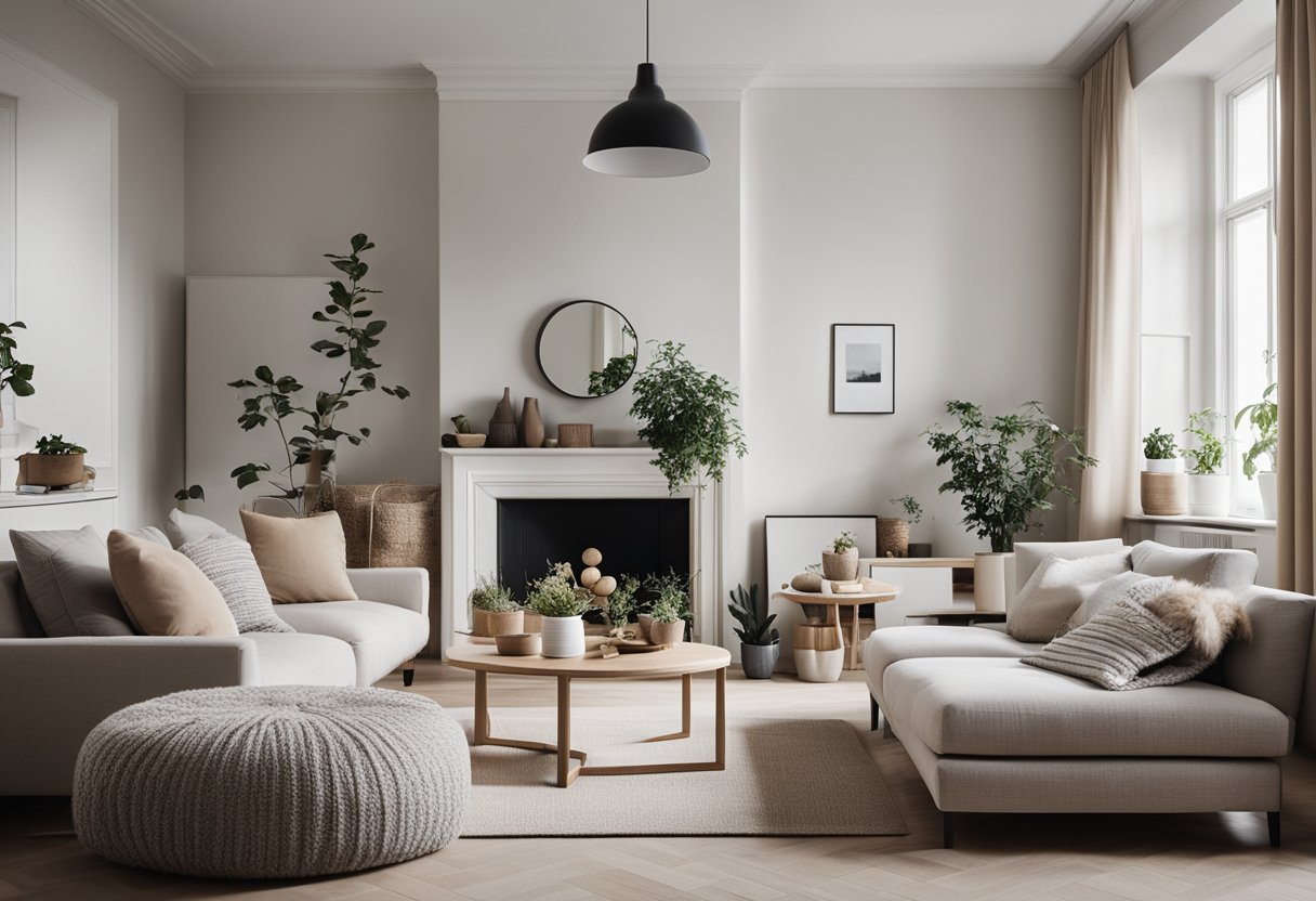 A cozy Scandinavian living room with minimalist furniture, neutral colors, natural light, and cozy textiles