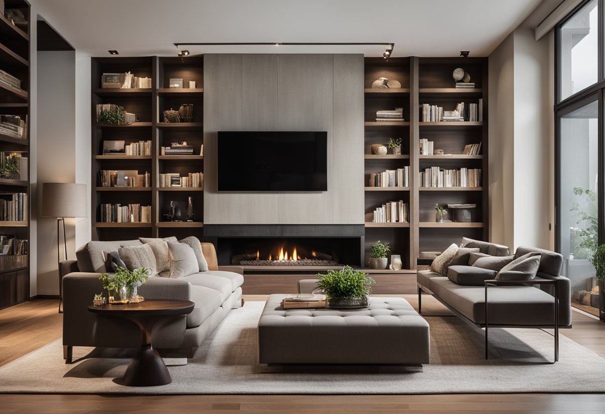 A spacious living room with elegant furniture, high ceilings, and large windows. A cozy fireplace is the focal point, surrounded by bookshelves and comfortable seating areas