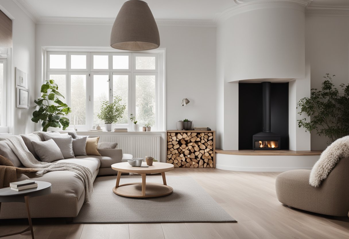 A cozy scandinavian living room with clean lines, neutral colors, and minimalistic furniture. A large window lets in natural light, and a fireplace adds warmth to the space