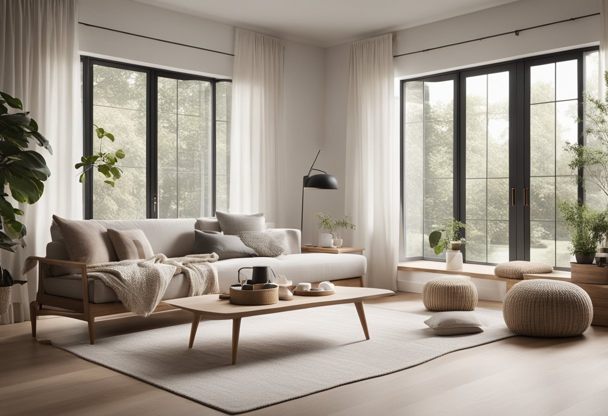 A cozy Scandinavian living room with minimalist furniture, neutral color palette, natural light, and clean lines. A large window provides a view of the outdoors, while a cozy rug and throw pillows add warmth to the space