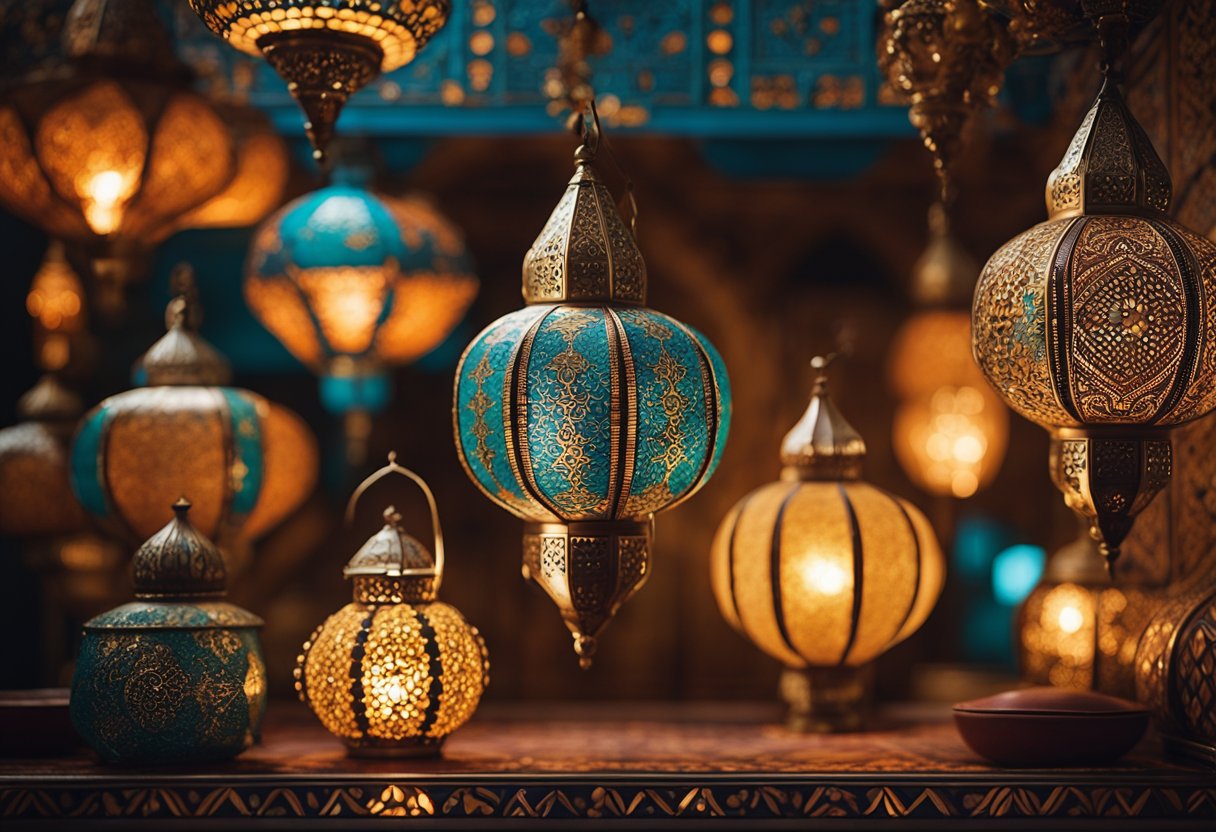 Vibrant colors, intricate patterns, and geometric shapes adorn the walls and furnishings of a Moroccan-inspired interior. Rich textiles and ornate lanterns create a warm and inviting atmosphere