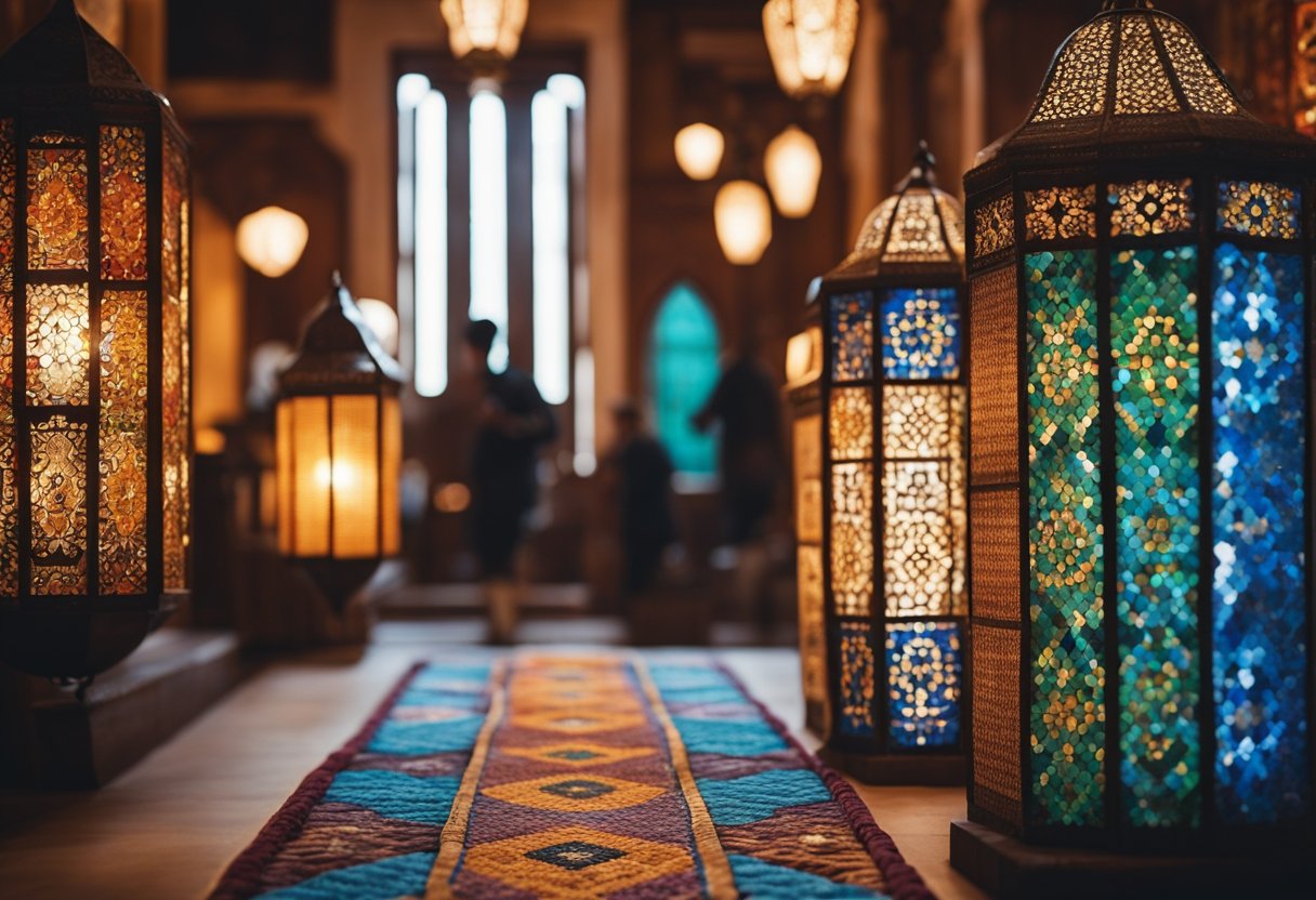 Vibrant Moroccan rugs, ornate lanterns, and colorful mosaic tiles adorn the space, creating a rich and inviting atmosphere