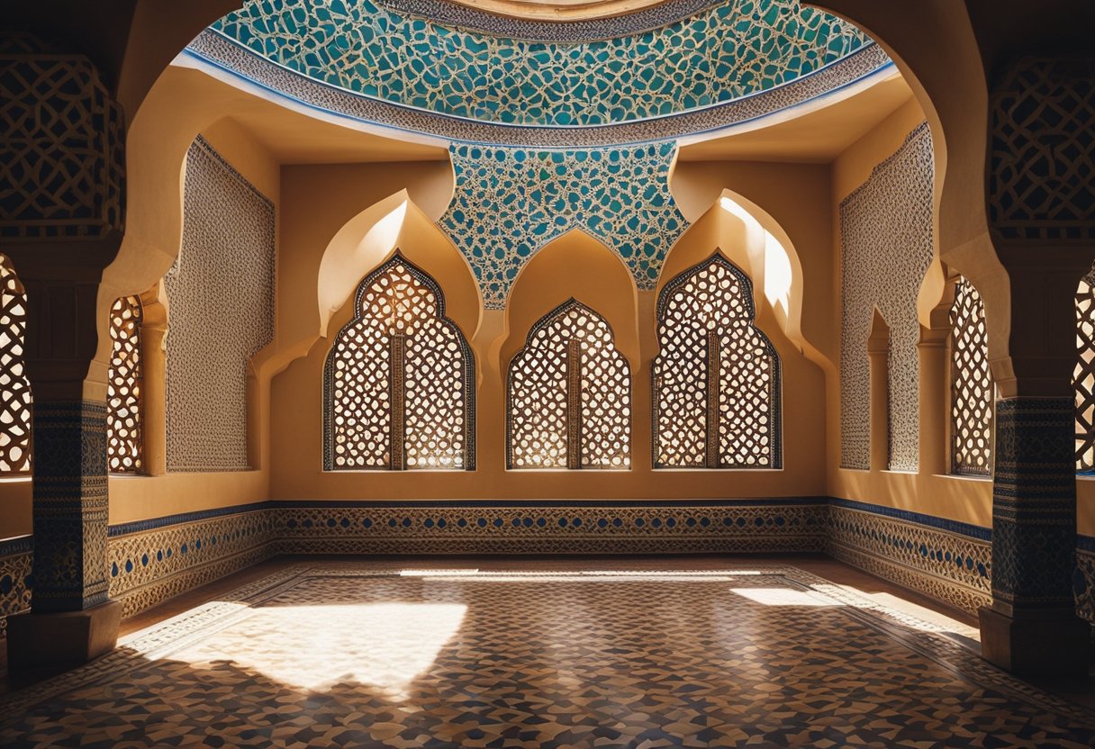 A traditional Moroccan interior with vibrant colors, intricate geometric patterns, ornate arches, and mosaic tiles. Sunlight streams through latticed windows, casting beautiful shadows on the tiled floor