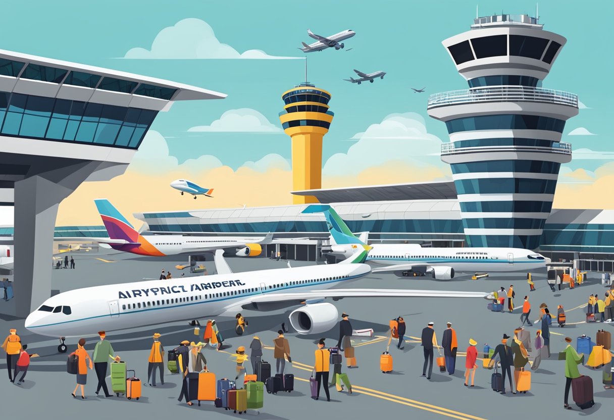 Busy airport terminal with people rushing to catch flights, workers loading luggage onto planes, and a control tower overseeing the operations