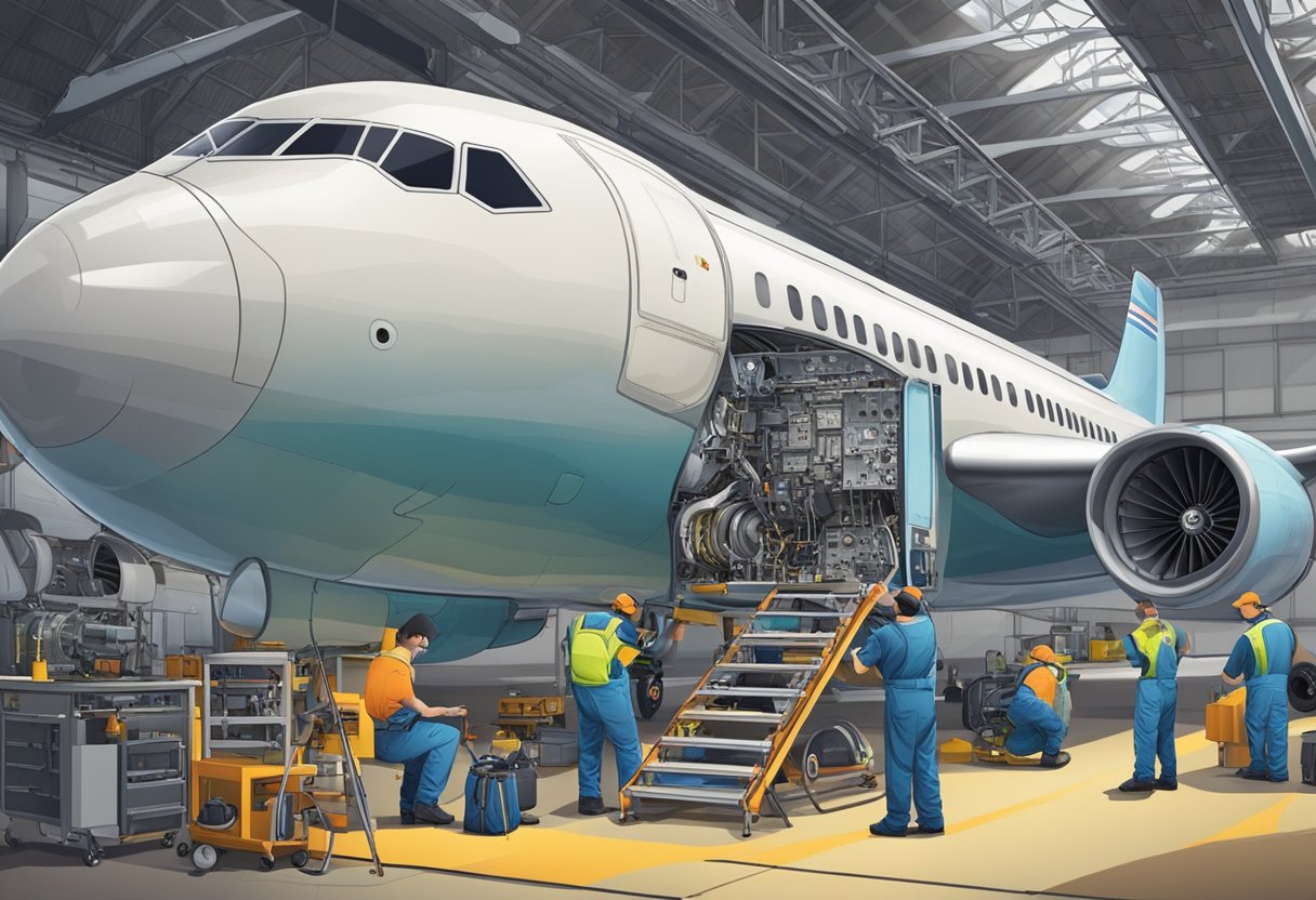 Aircraft maintenance crew working on a jet engine in a hangar. Tools and equipment scattered around. A technician inspecting electronic components