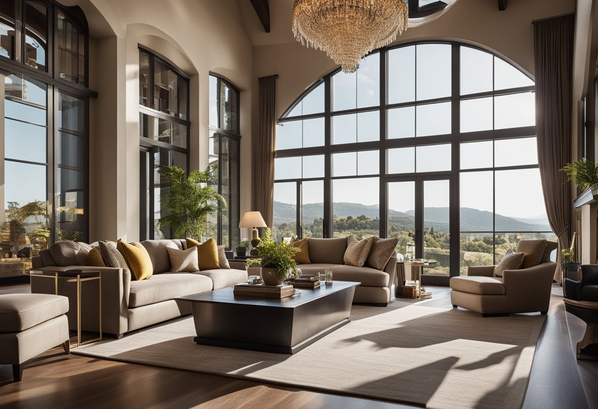 A grand living room with high ceilings, elegant furniture, and large windows overlooking a scenic view. Rich, warm colors and luxurious textures give the space a sophisticated and inviting atmosphere