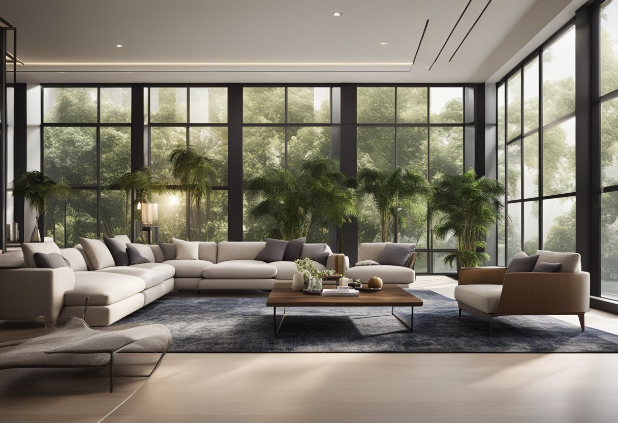 A spacious living room with elegant furniture, soft lighting, and intricate decor. A large, ornate rug anchors the room, while floor-to-ceiling windows offer a view of lush greenery