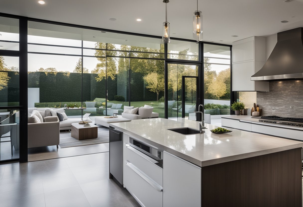 A modern, spacious home with sleek lines and large windows. The interior features luxurious furnishings and high-end finishes. The landscaping is meticulously designed with a beautiful outdoor living space