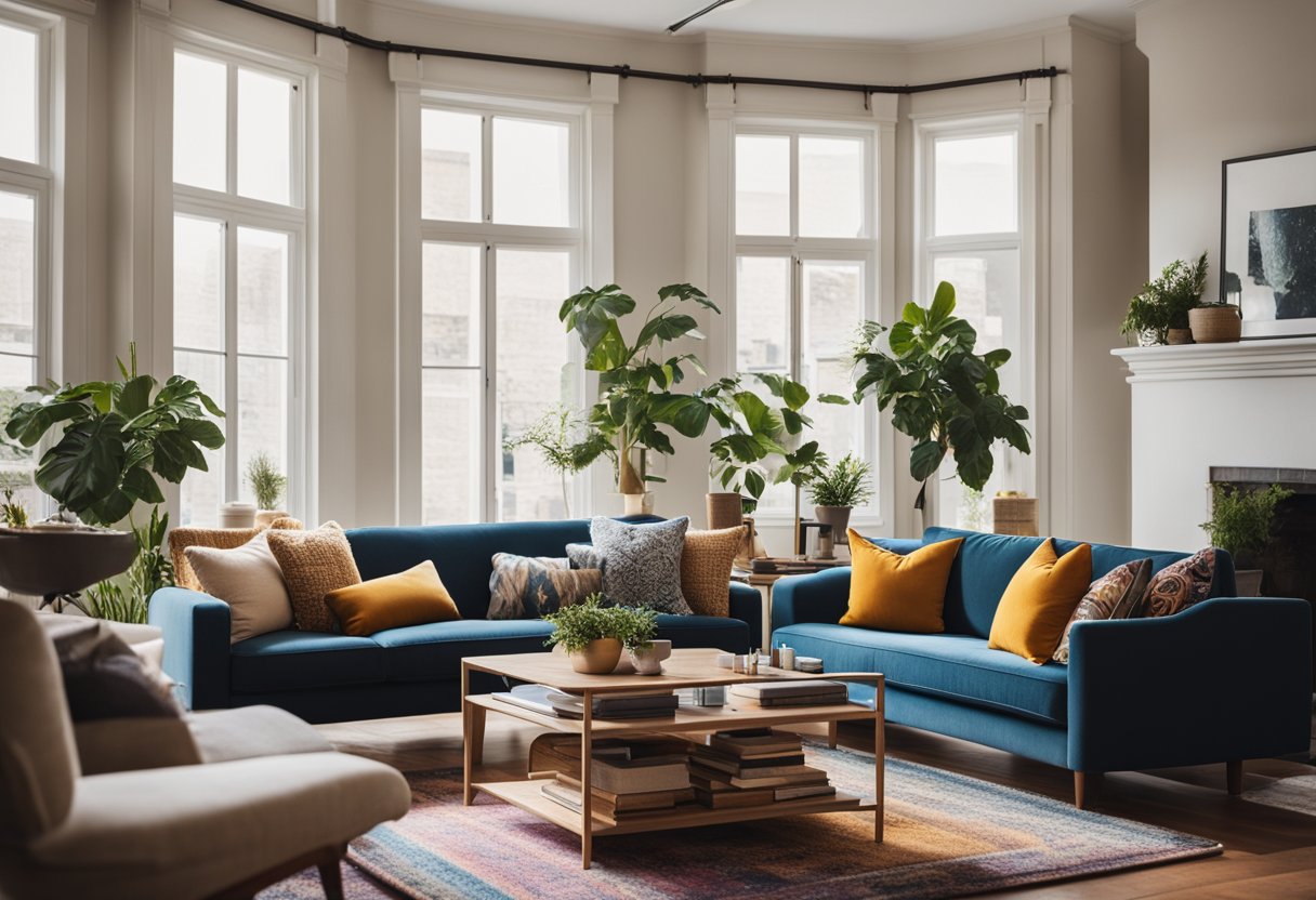 A cozy living room with a plush sofa, stylish coffee table, and colorful rug. A large window lets in natural light, and a bookshelf filled with books and decorative items adds character to the space