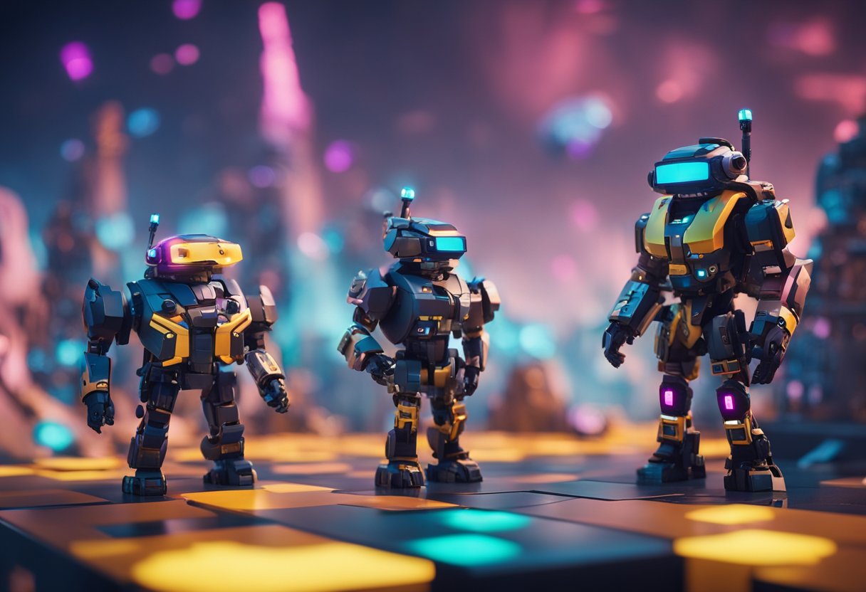 The Alpha Pals Respawn Mechanics show a digital world with colorful, pixelated creatures respawning in a vibrant, futuristic landscape