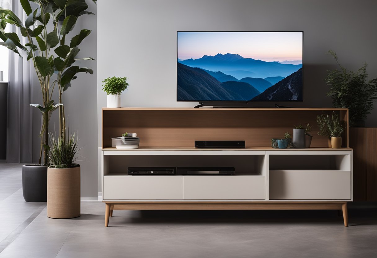 A sleek, modern TV cabinet sits in a simple living room, with clean lines and minimalistic design