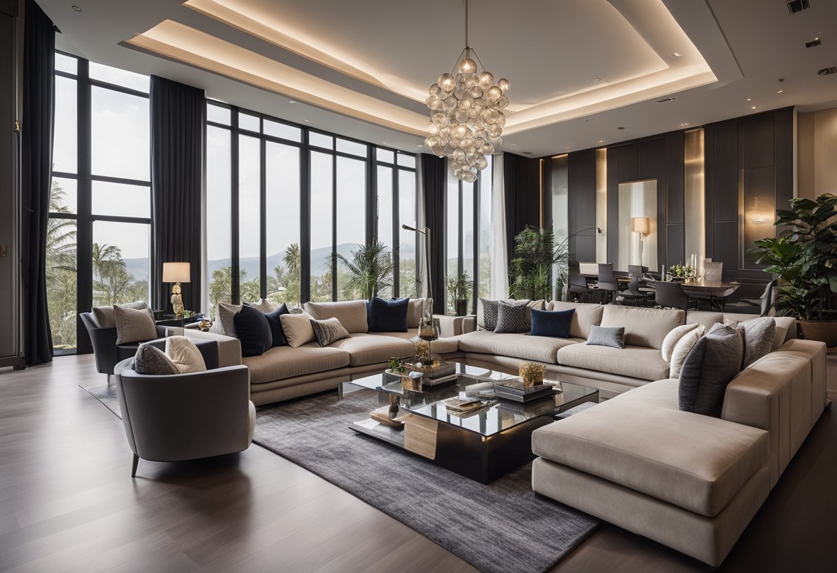 A spacious living room with high ceilings, luxurious furniture, and tasteful decor exudes elegance and functionality in a modern luxury house interior design
