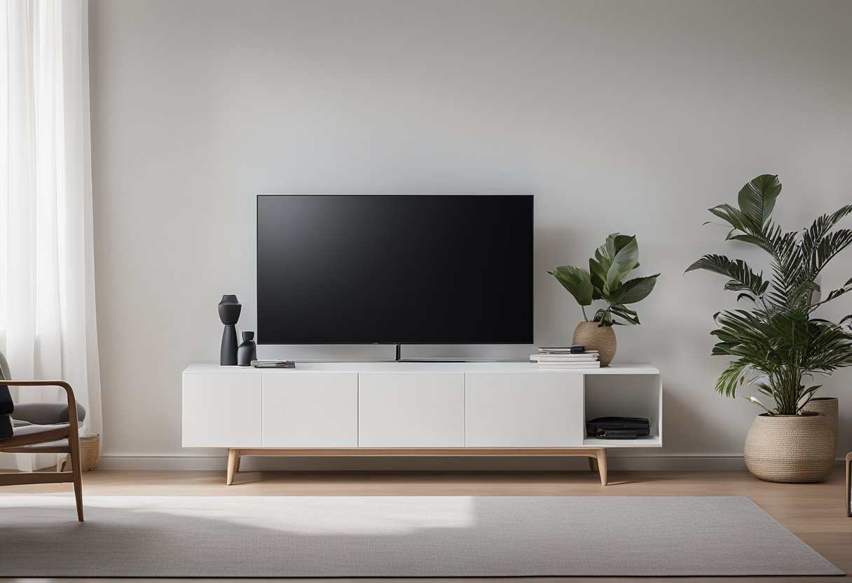 A sleek, minimalist TV cabinet sits against a clean, white wall in a simple living room. The cabinet features clean lines and a smooth, unadorned surface, adding a touch of modern elegance to the space