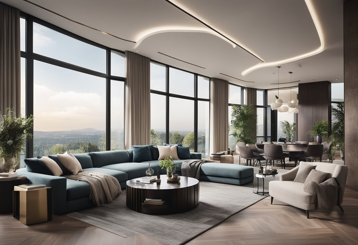 A spacious living room with modern luxury interior design. Plush sofas, elegant decor, and large windows with a view