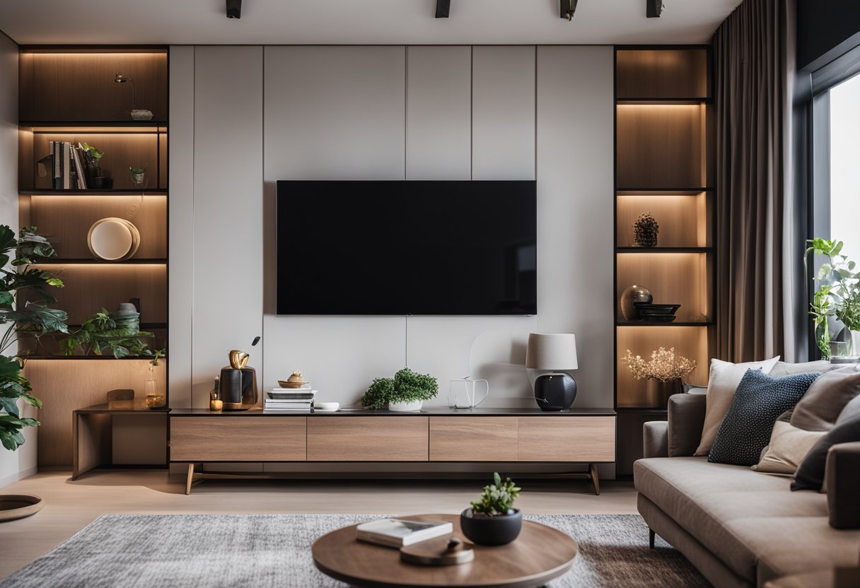 A cozy living room with a sleek TV cabinet, soft lighting, and personalized decor