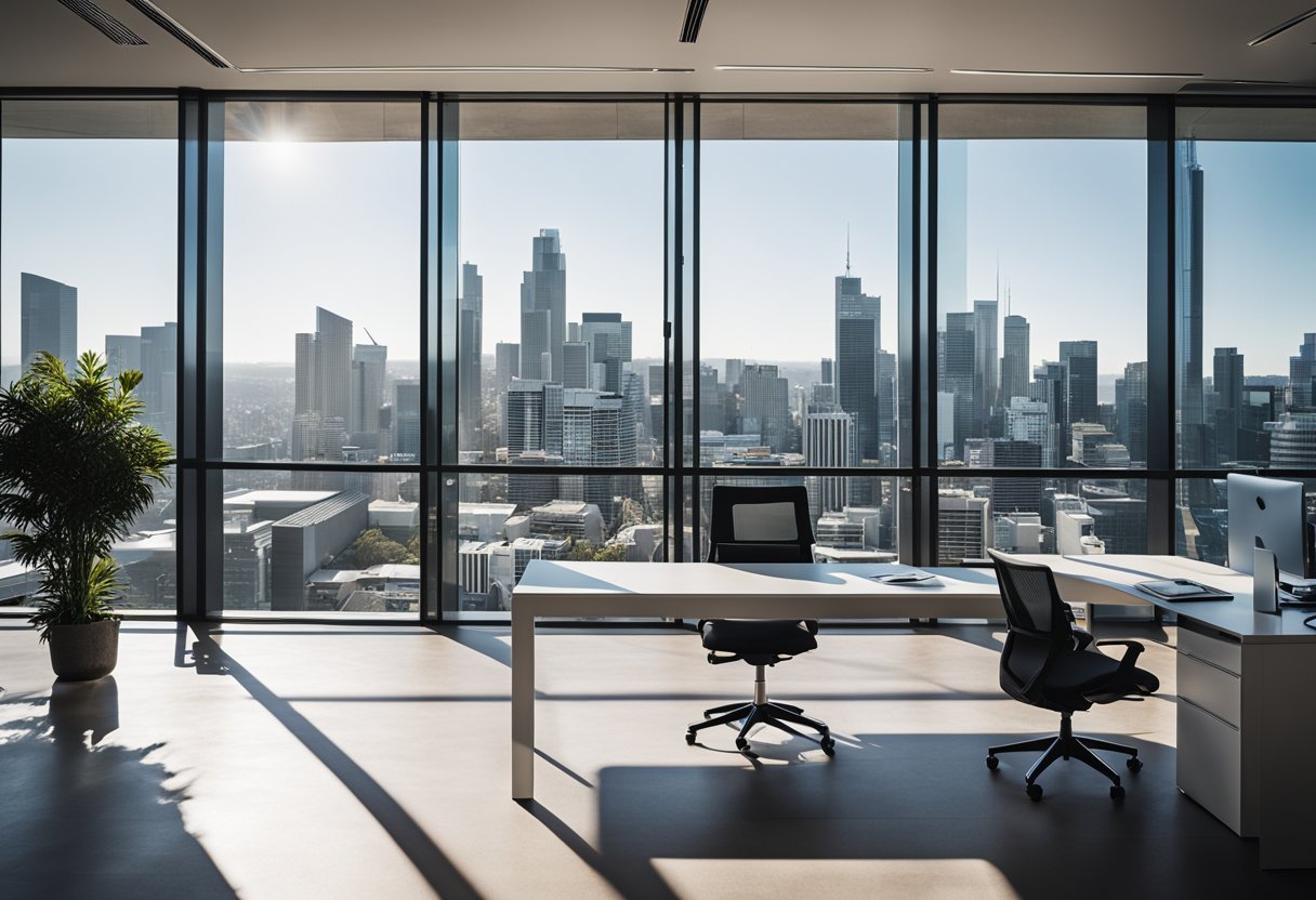 A modern Sydney office with sleek furniture, large windows, and a city skyline view. Clean lines, neutral colors, and plenty of natural light