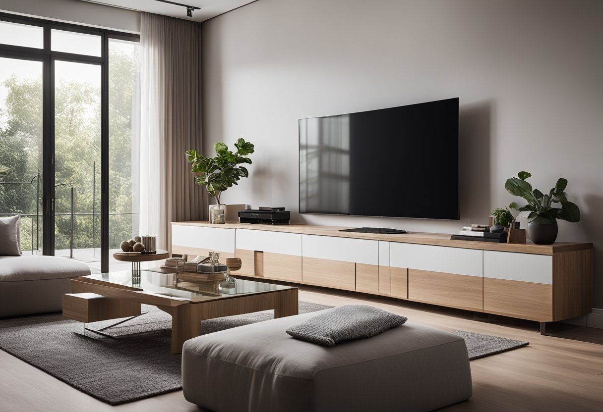 A cozy living room with a modern TV cabinet, clean lines, and minimalistic design. The room is well-lit with natural light and features a comfortable seating area