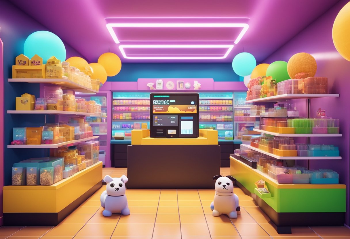 A colorful virtual pet shop with shelves of pet supplies, interactive displays, and a cash register for transactions in a Roblox pet simulator game