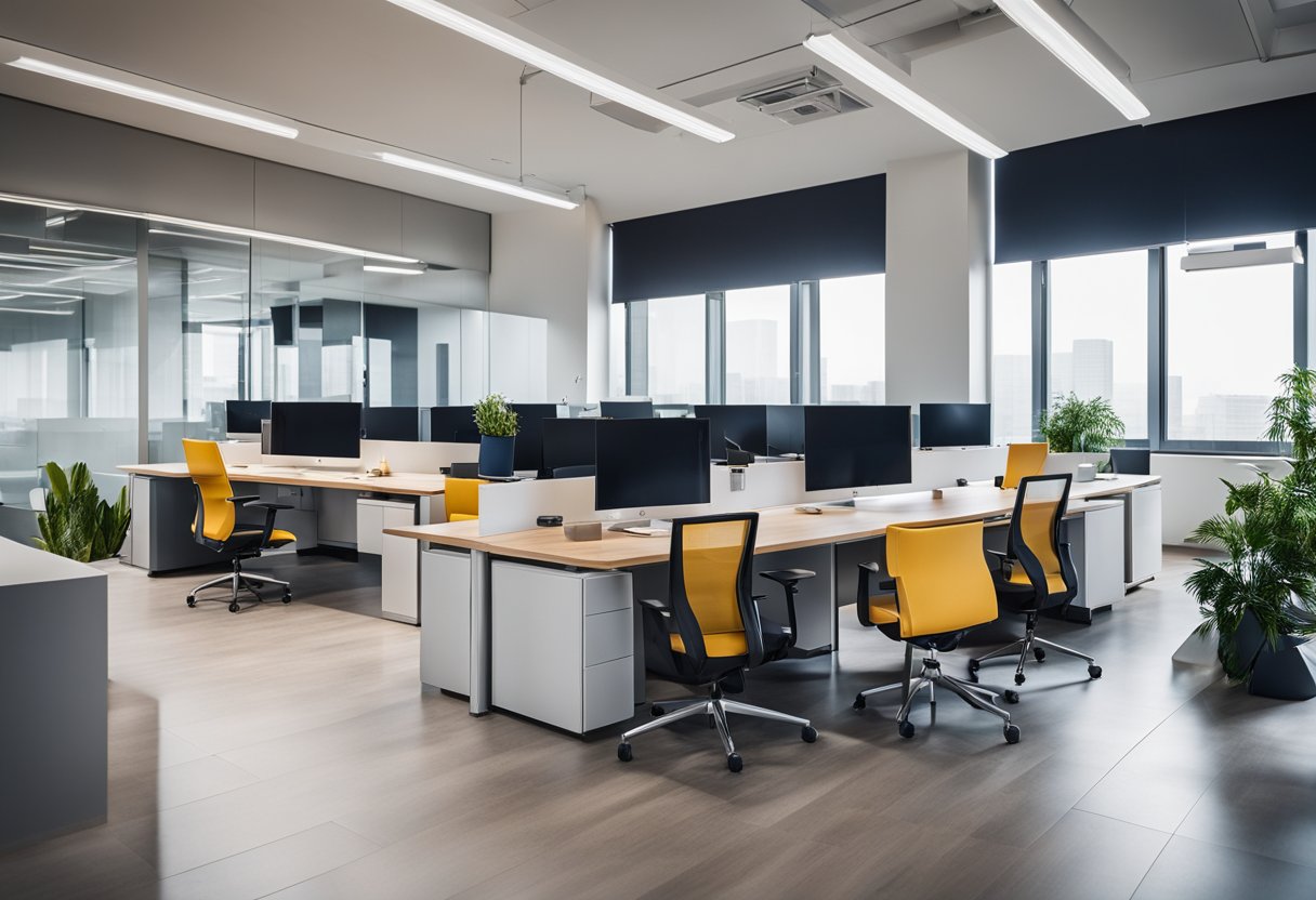 A modern office with sleek furniture, vibrant color scheme, and ample natural light. Clean lines and open spaces create a sense of productivity and professionalism