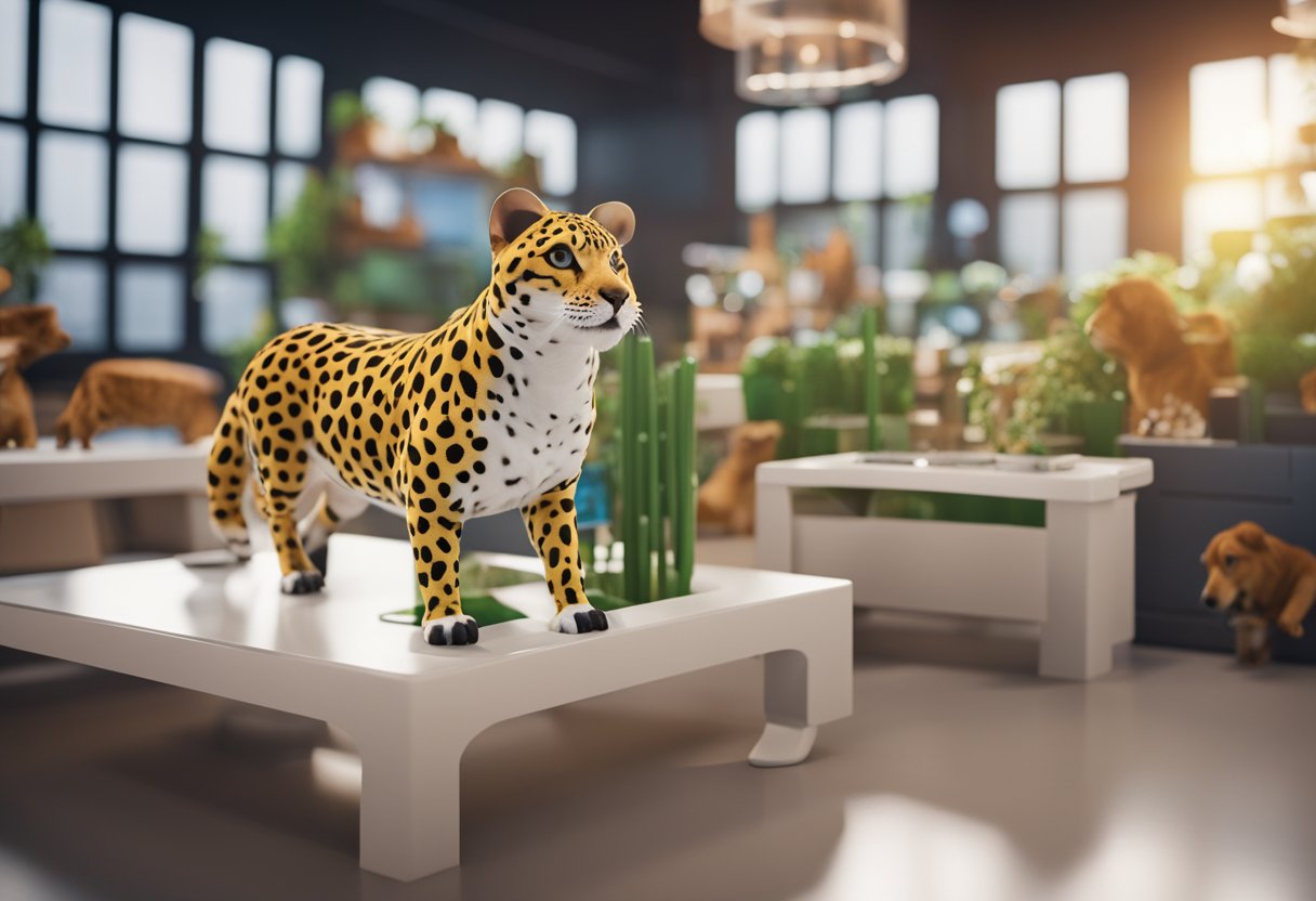 Animals interact with virtual items in a pet simulator, demonstrating the process of selling items in Roblox