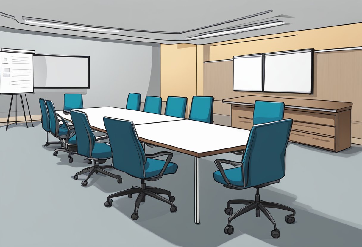 A conference room with a long table, chairs, and a whiteboard. A stack of resumes and a laptop on the table. A manager's guidebook on the chair