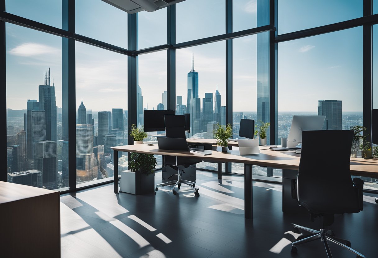 A modern office with sleek furniture, a vibrant color scheme, and large windows offering a view of the city skyline