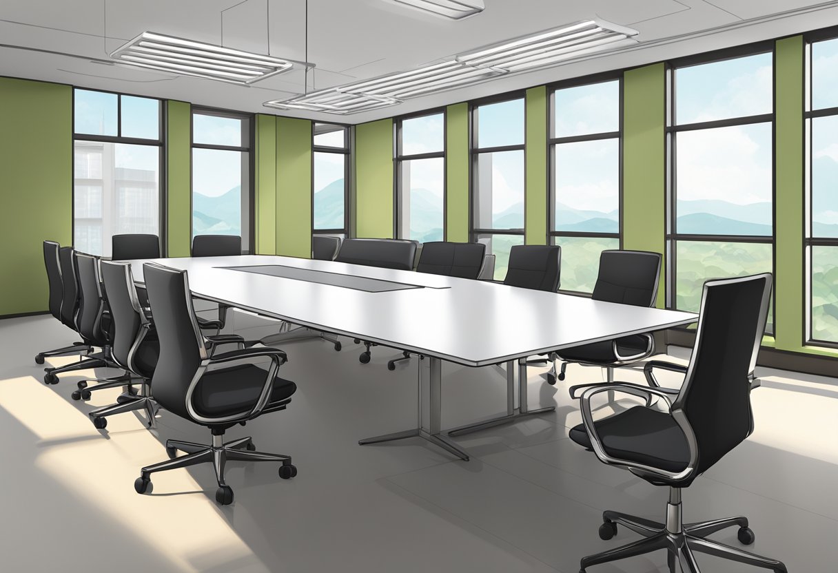 A conference room with a long table, chairs, and a whiteboard. A stack of resumes and a laptop on the table. The room is filled with natural light from large windows