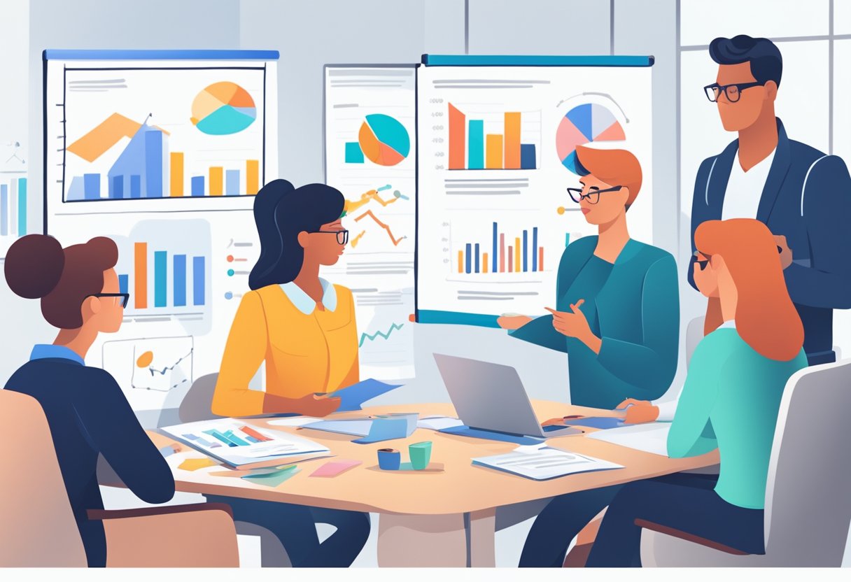 A group of employees gather around a whiteboard, discussing onboarding and retention strategies. Charts and graphs are spread out on the table, as they brainstorm ideas for hiring the best managers