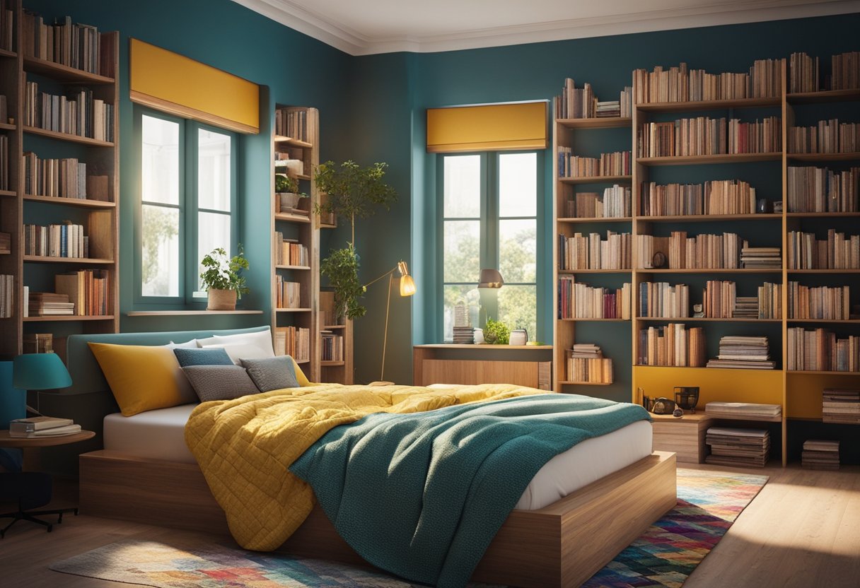 A rectangular bedroom with a large window, a cozy bed with a colorful quilt, a bedside table with a lamp, and a bookshelf filled with books and decorative items