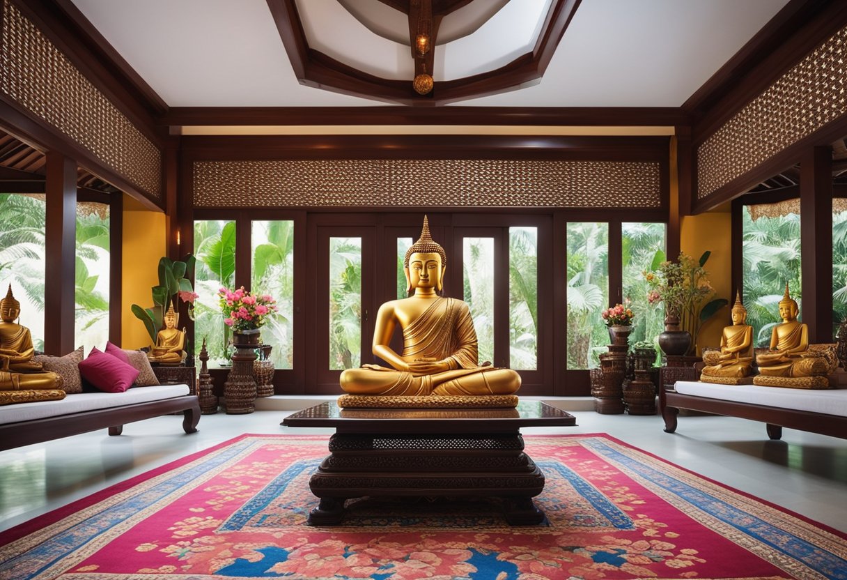 A traditional Thai living room with low seating, intricate wood carvings, ornate silk cushions, and a central floor mat. Buddhist statues and floral arrangements adorn the space