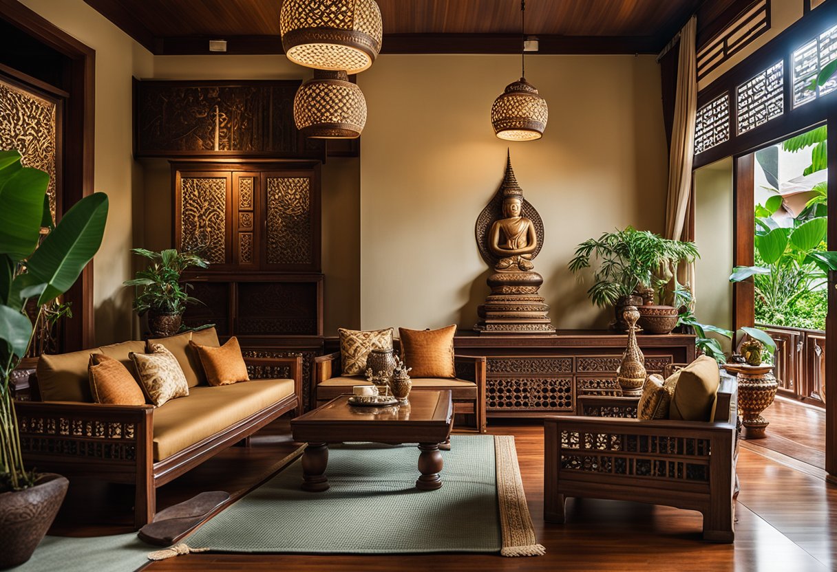 A serene Thai-inspired living room with warm earthy tones, traditional wooden furniture, intricate carvings, and vibrant silk textiles. The space exudes tranquility and elegance, with lush greenery and soft lighting adding to the harmonious atmosphere