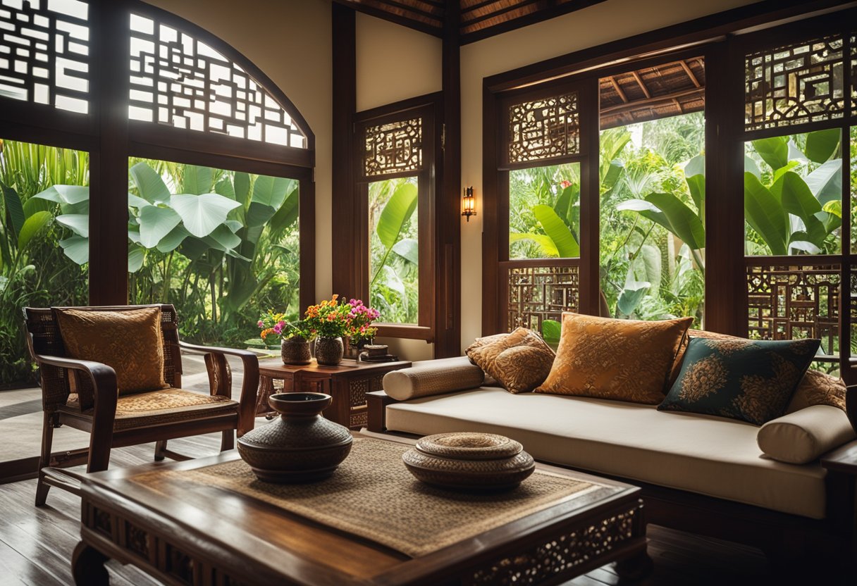 A cozy living room in Thailand with traditional wooden furniture, vibrant Thai silk cushions, and intricate hand-carved decorations. A large window lets in natural light, showcasing a lush tropical garden outside