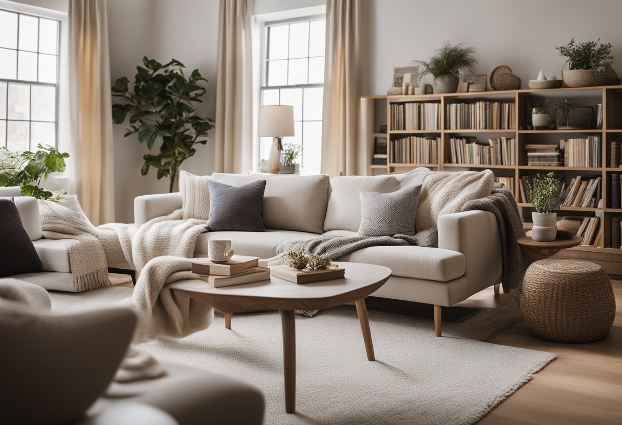 A cozy living room with a neutral color palette, plush furniture, and natural light streaming in through large windows. A bookshelf filled with decorative items and a cozy throw blanket draped over a sofa complete the inviting space