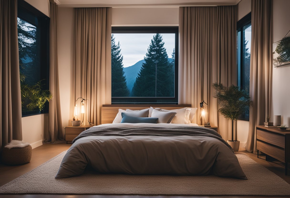 A cozy bedroom with warm lighting, plush bedding, and a soft rug. Curtains open to reveal a view of nature outside