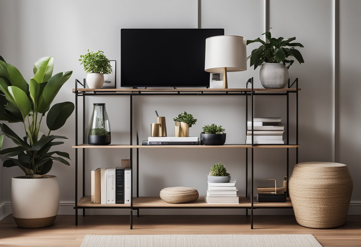 A sleek, modern living room rack with clean lines and minimalist design, holding books, decorative items, and a few potted plants
