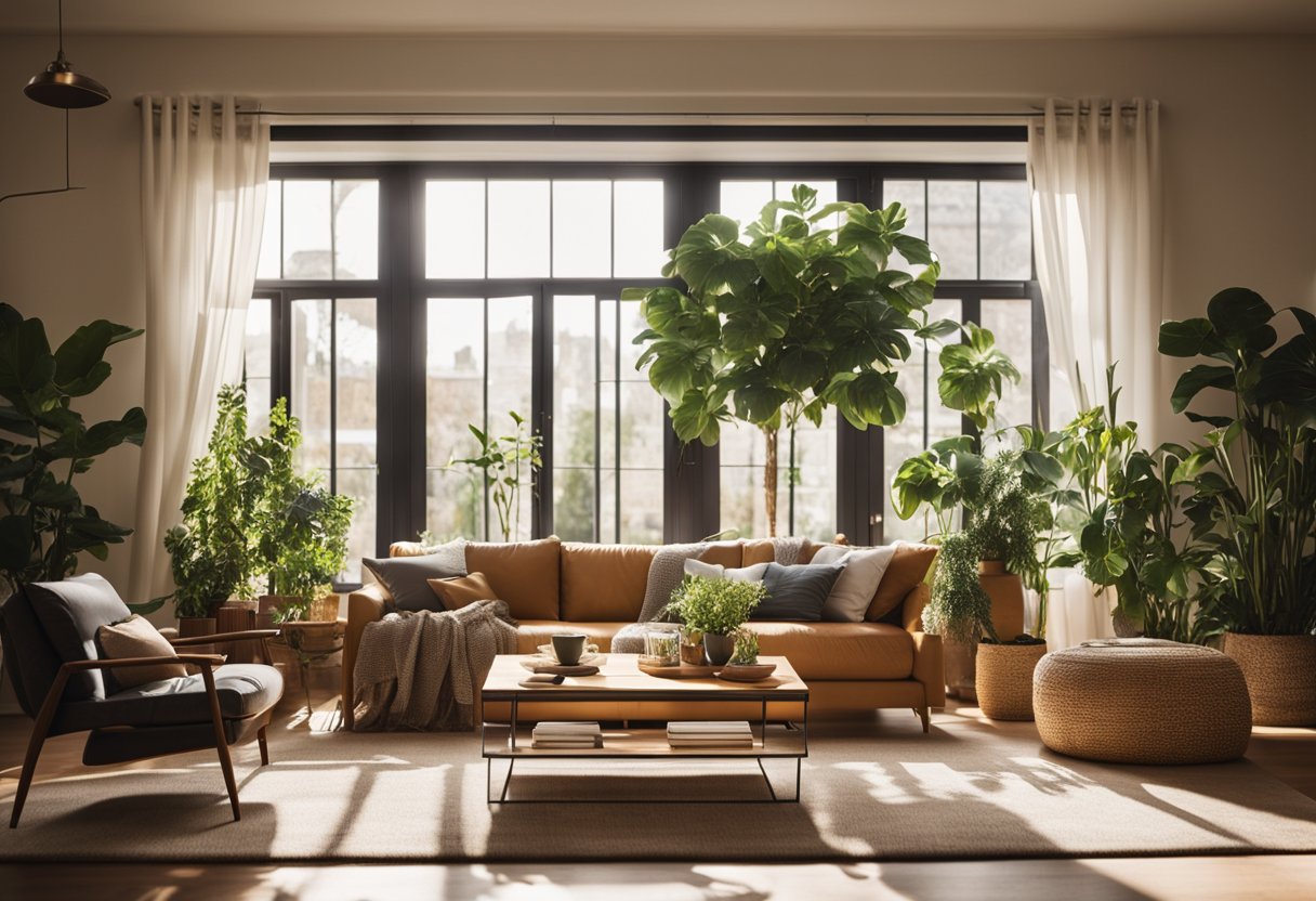 A cozy living room with a stylish sofa, coffee table, and plants. Sunlight streams in through the window, casting a warm glow on the room
