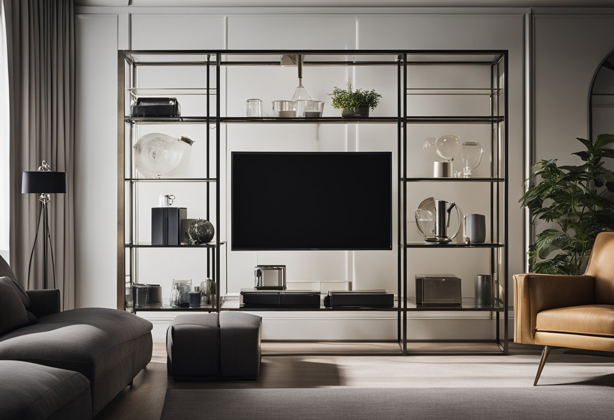 A modern living room rack made of sleek metal and glass, with clean lines and minimalist design