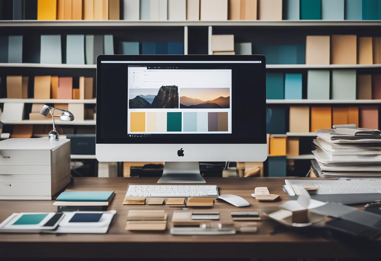 A stylish, organized workspace with a computer, mood boards, and design books. A wall adorned with color swatches and fabric samples