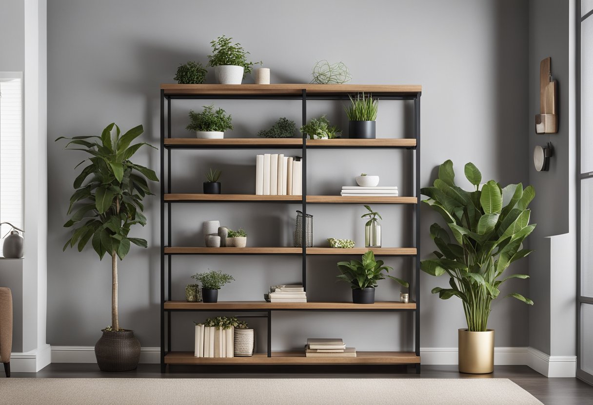 A sleek, wall-mounted rack holds books, plants, and decorative items in a modern living room. Shelves are adjustable, maximizing storage and display space