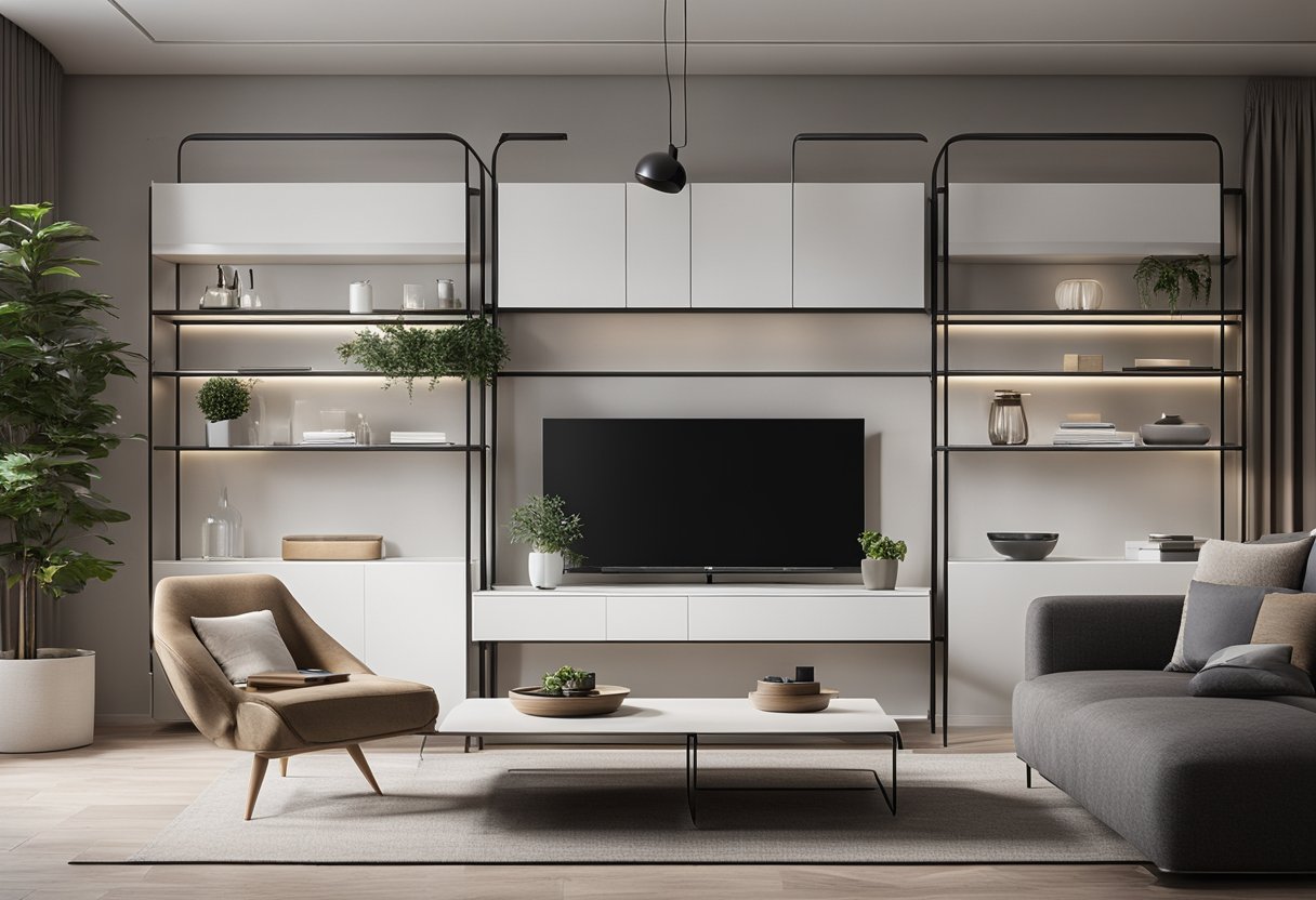 A modern living room with a sleek, minimalist rack design. Clean lines, open shelves, and integrated lighting