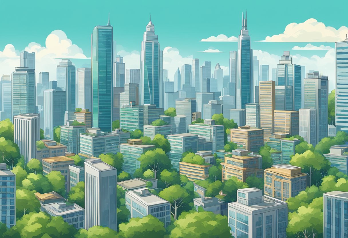 A bustling city skyline with skyscrapers and office buildings, surrounded by lush greenery and a clear blue sky, symbolizing the landscape of high-paying jobs in 2024