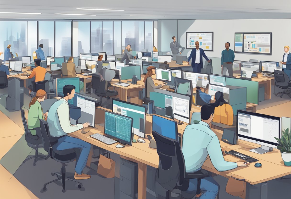 A bustling office setting with modern technology and diverse professionals collaborating on projects, with a prominent "High Paying Jobs" headline on a computer screen