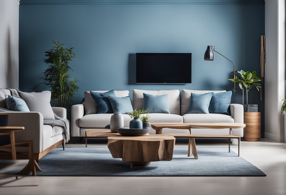 A modern living room with a minimalist design featuring a mix of natural materials such as wood and stone, with a color scheme of cool blues and greys