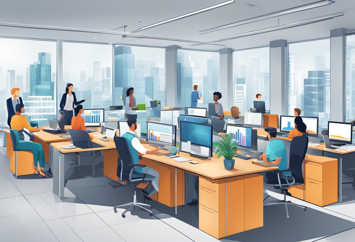 A bustling office with modern technology and diverse professionals. Charts and graphs display high-paying job titles and in-demand skills