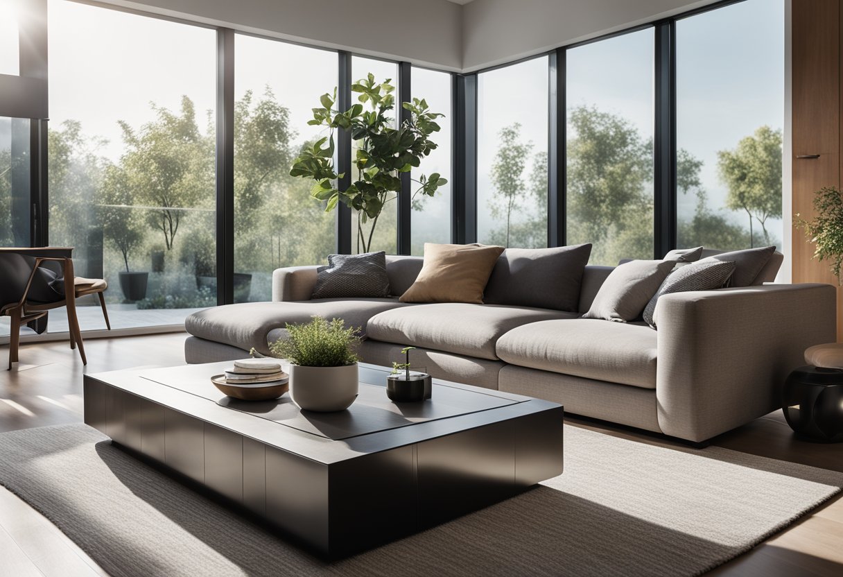 A modern living room with a sleek design, featuring a comfortable sofa, a minimalist coffee table, and a large window with natural light streaming in