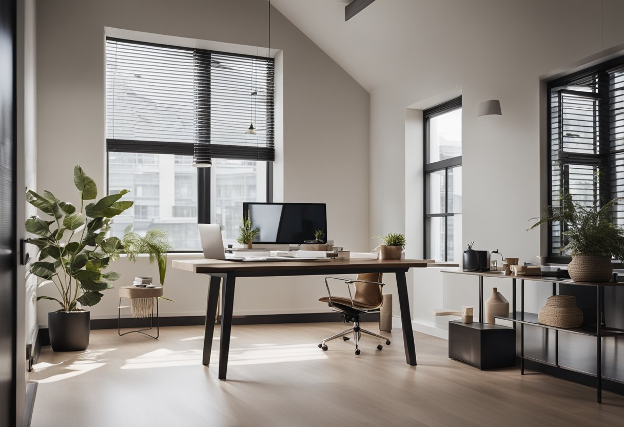 A sleek, modern studio space with clean lines, neutral color palette, and minimalistic furniture arrangement. Large windows allow natural light to fill the room, creating a welcoming and open atmosphere