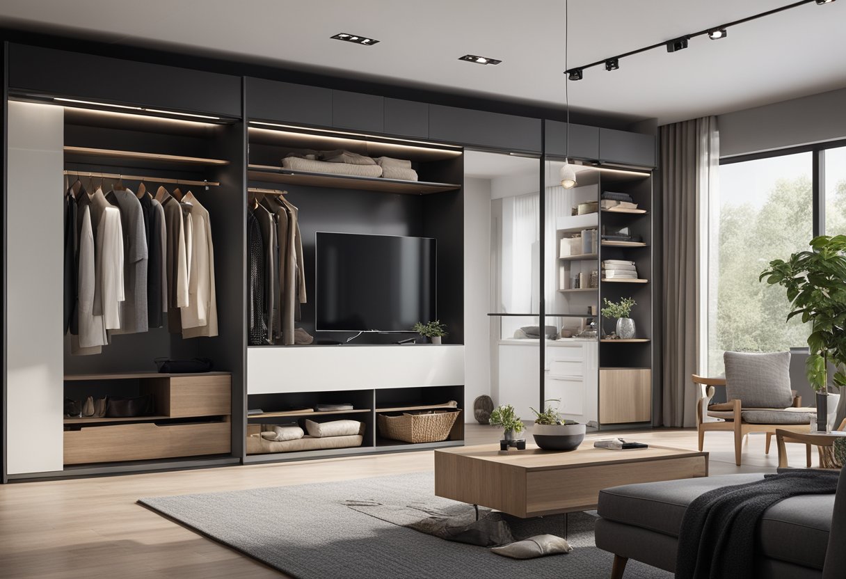 A modern living room with a sleek, built-in wardrobe. The wardrobe features sliding doors and organized shelves for clothes and accessories. The room is well-lit with natural light streaming in from a large window